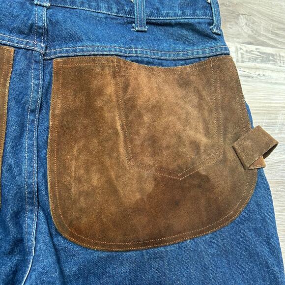 JD American Workwear Jeans Blue Denim Brown Suede Patch Carpenter Pants 40x28 - Picture 7 of 9